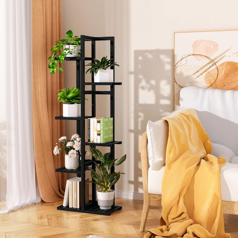 ROMGUAR CRAFT 6 Tier Bamboo Plant Stand Indoor, Tall Flower Holder, Black