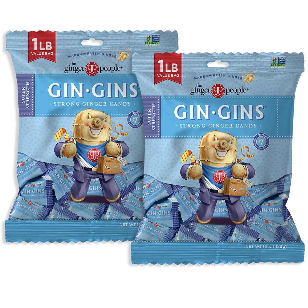 GIN GINS Super Strength Ginger Candy Made w/Fresh Ginger 1lb 2Pk