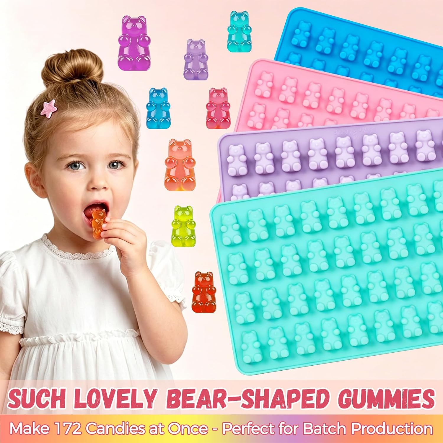 Gummy Bear Mold 4Pcs Medium & Mini, Gummy Candy Molds with 2 Droppers