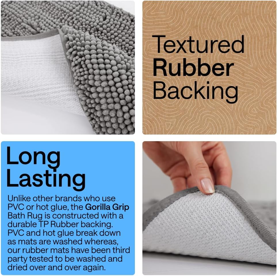 GORILLA GRIP Bath Rug Mat for Bathroom, Absorbent Chenille, 24x17 Gray