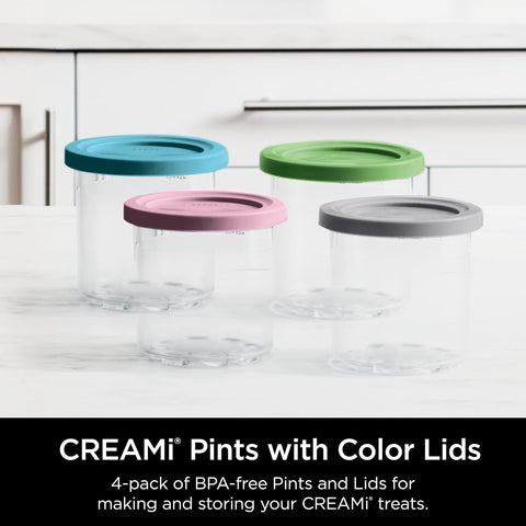 Ninja CREAMi Original Pints 4 Pack, Compatible with NC299AMZ and NC300s Series Ice Cream Makers, BPA-Free and Dishwasher Safe, Color Lids, 1 Pint Each, Clear, Grey, Lime, Pink, Aqua, XSKPLD4BCD