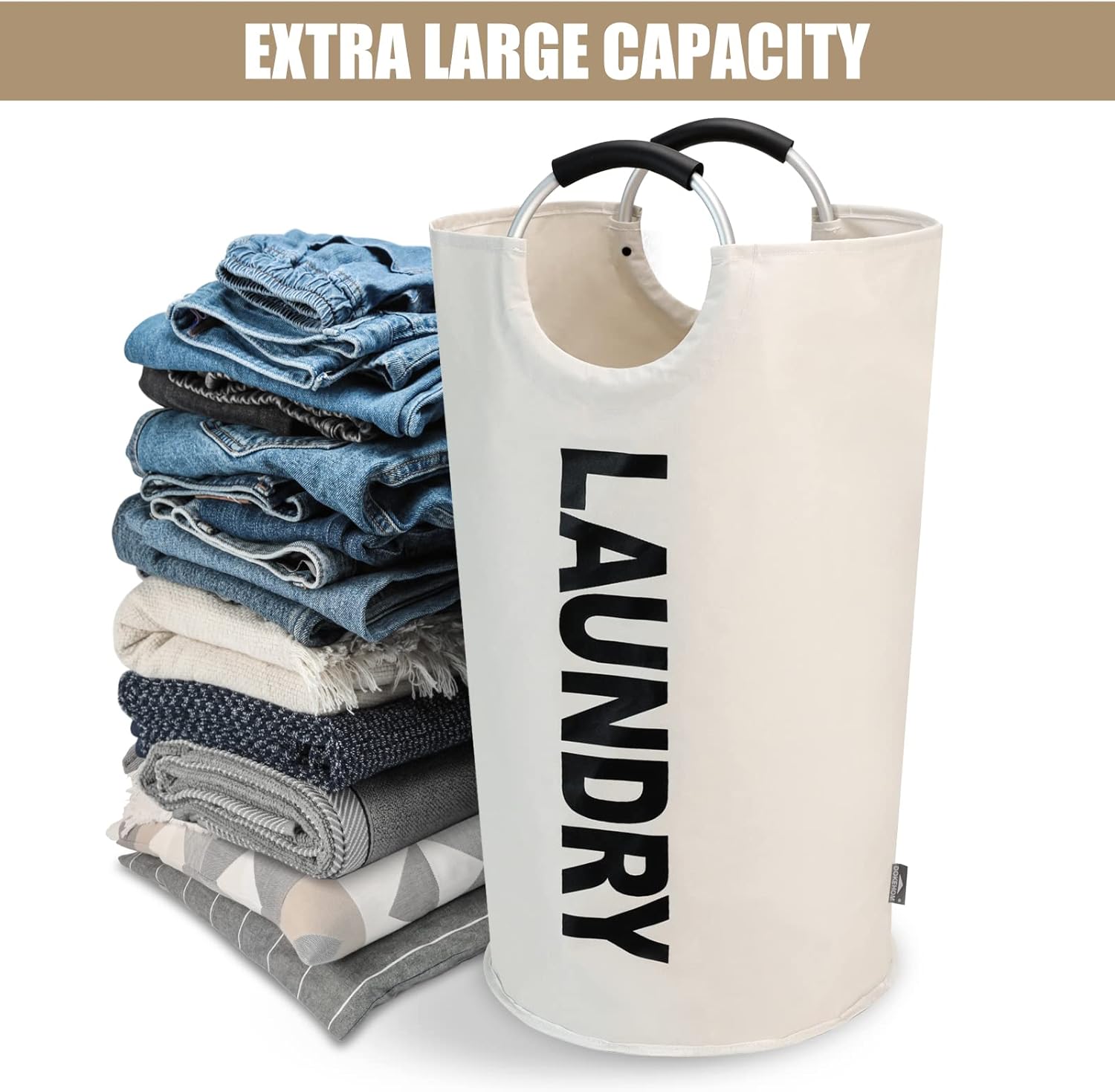 DOKEHOM 90L Large Laundry Basket Bag, Collapsible Tall Hamper, Beige