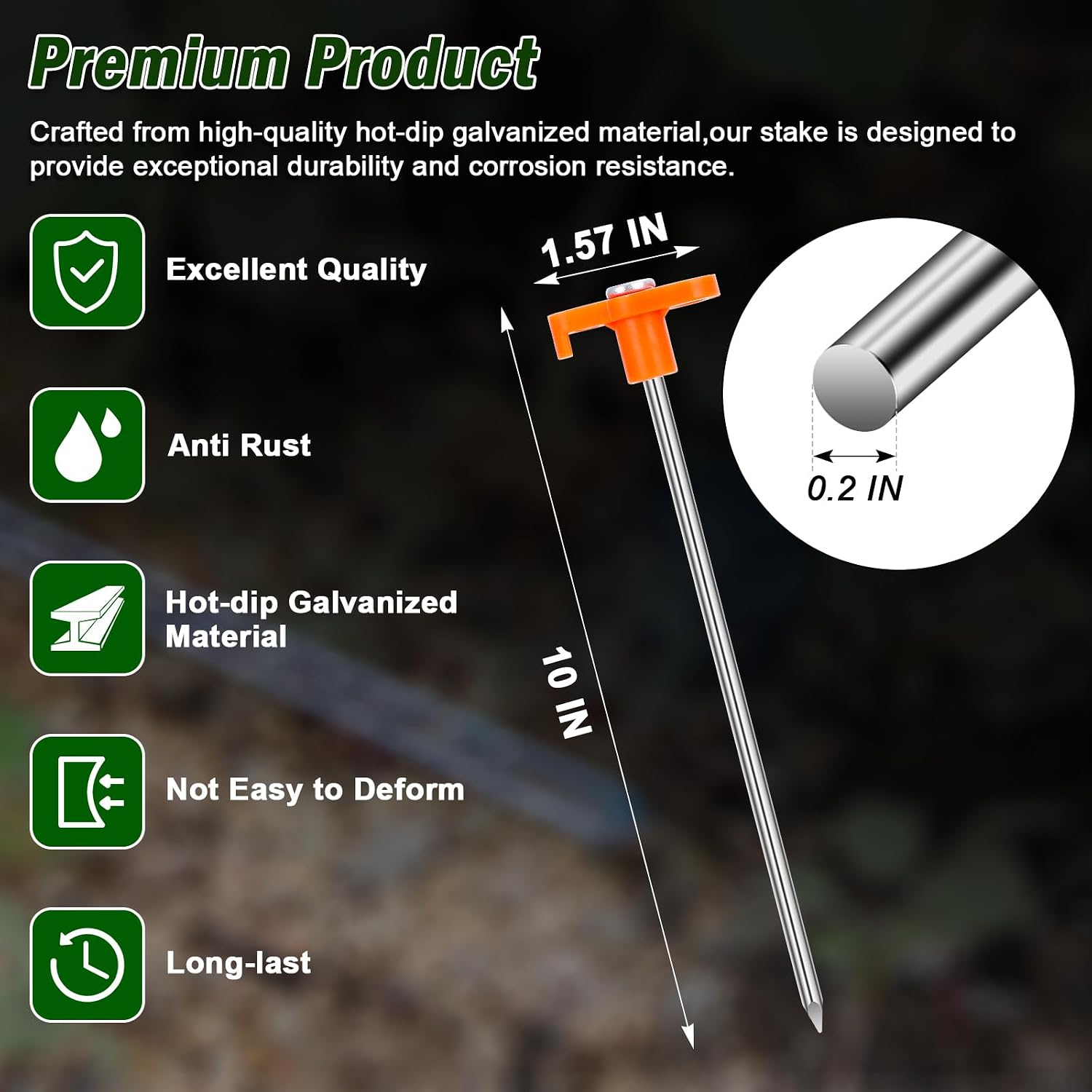 FEED GARDEN Heavy Duty Tent Stakes 10 Inch - 20 Pack Galvanized Steel Ground Anchors for Camping Tents, Canopy, Tarp - Rust Resistant Metal Pegs with High Visibility Orange Head