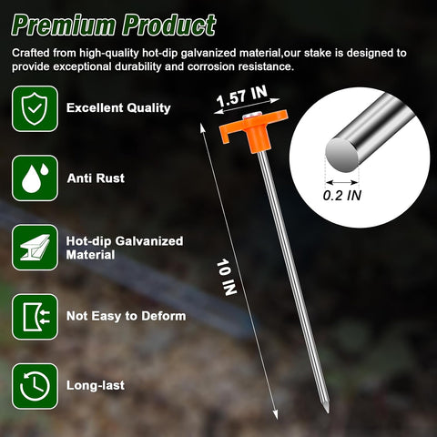 FEED GARDEN Heavy Duty Tent Stakes 10 Inch - 20 Pack Galvanized Steel Ground Anchors for Camping Tents, Canopy, Tarp - Rust Resistant Metal Pegs with High Visibility Orange Head