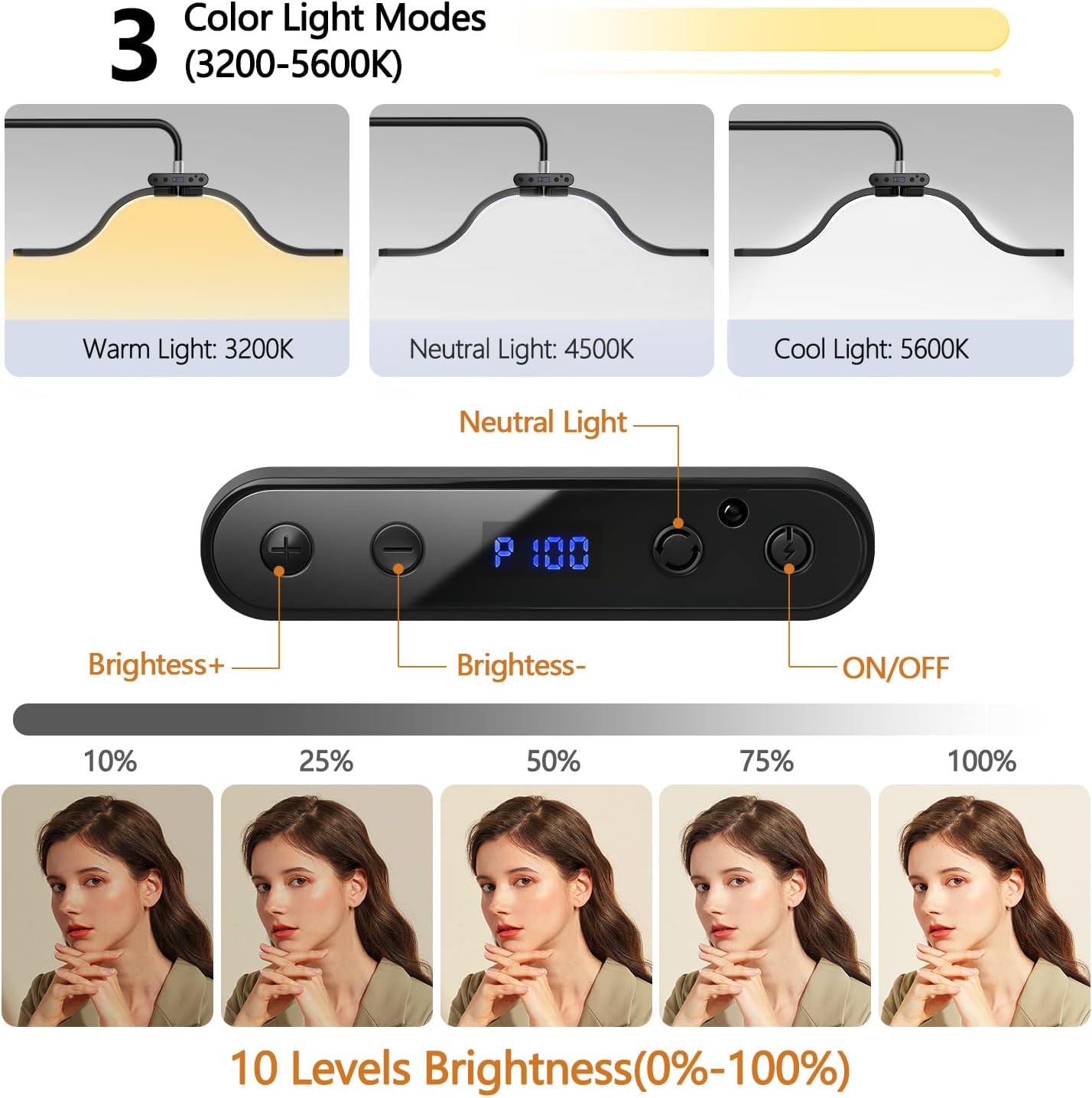 Lash Light for Eyelash Tech-Esthetician Ring Light, Half Moon Light for Led Lash Lamp Extensions, Tattoo Artists, Nail Tech - Cool, Warm Lamp with Adjustable Brightness & Height, Phone Holder (Black)
