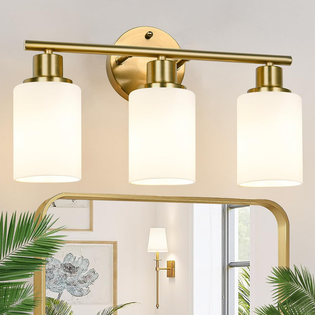 Zarbitta 3-Light Bathroom Light Fixtures, Brushed Gold Vanity Light, Farmhouse Wall Lights with Milky White Frosted Glass Shades, Bathroom Wall Lamp for Mirror Kitchen Bedroom Hallway Living Room