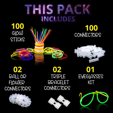 Ammy Glow Glow Sticks (205 Pcs Kit) Bulk Party Pack-100 Pack Glow Sticks with Connectors & Glasses- Party Favors for Kids 8-12- Neon Glow in The Dark Party Supplies for Birthdays & Events