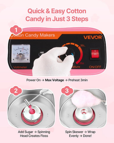 VEVOR Electric Cotton Candy Machine, 1000W Commercial Floss Maker With Cover, Commercial Cotton Candy Machine w/Stainless Steel Bowl & Sugar Scoop, Ideal for Carnival, Birthday, Family Party, Pink