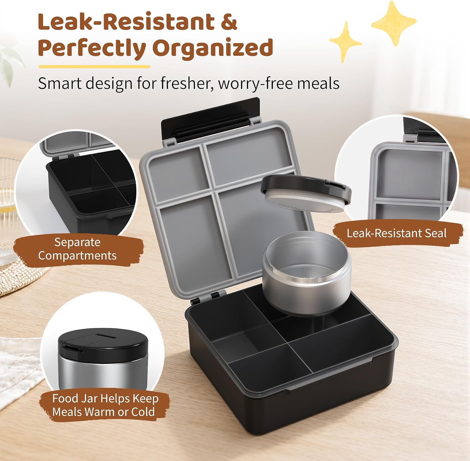 Bento Lunch Box with 8oz Soup Thermo, Kids Leakproof Lunch Food Containers with 4 Compartment, Kids Thermo Insulated Hot Food Jar for School, Trvael (Grey)