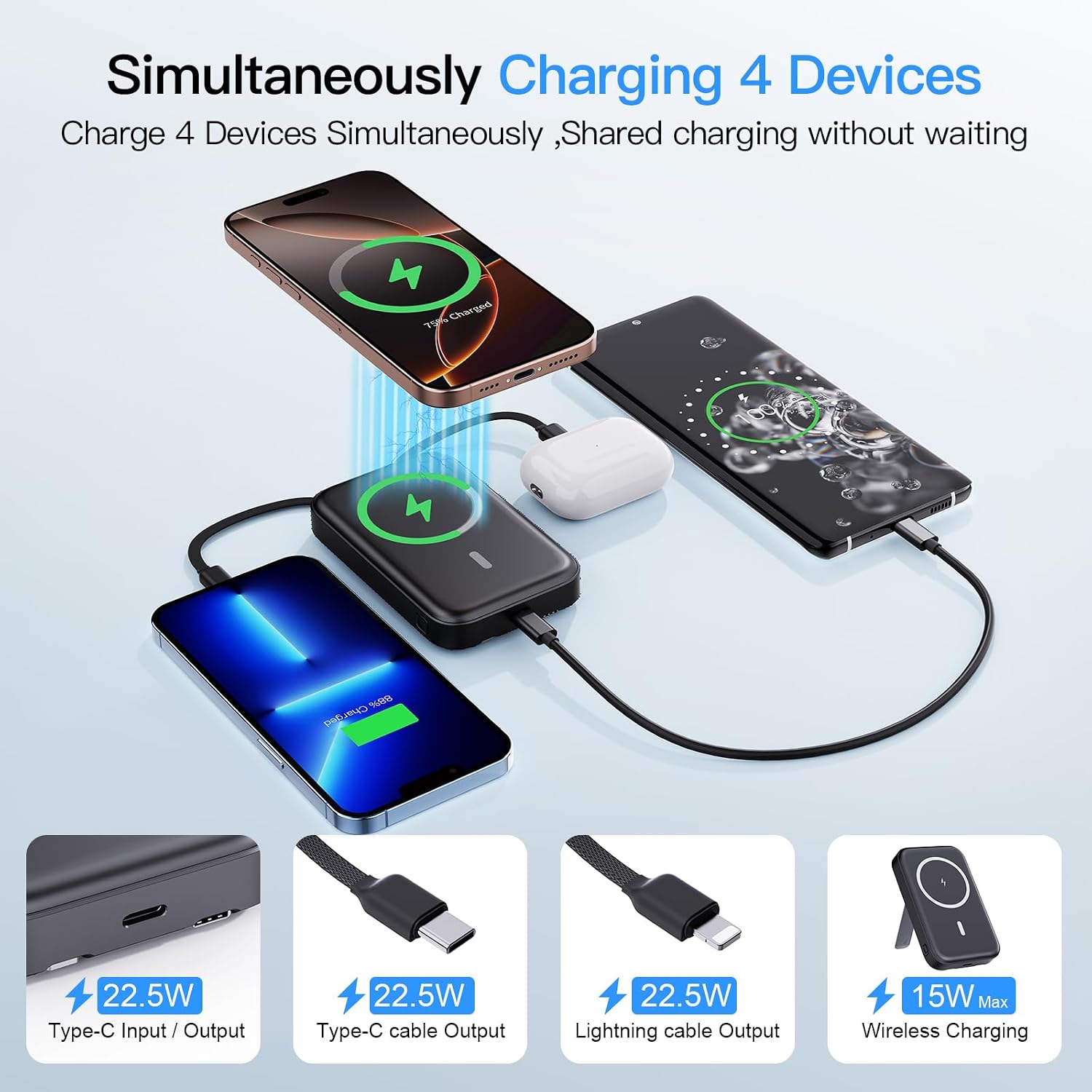 16800mAh Magnetic Power Bank with Built-in Cables for iPhone Series