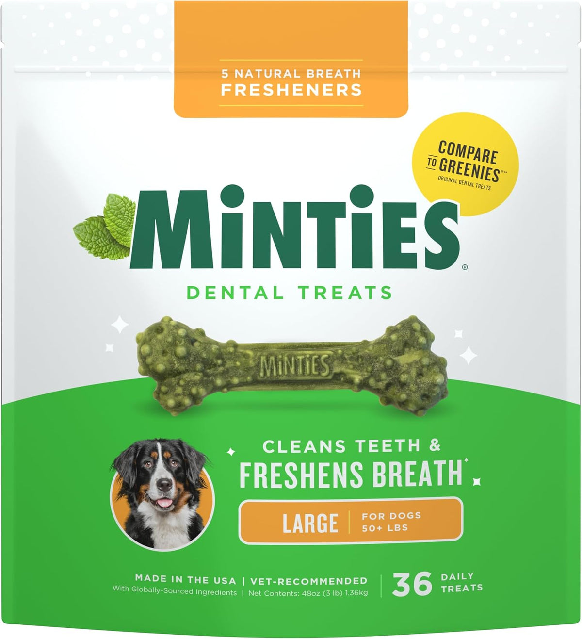 Minties Dental Chews for Dogs, 36 Count, Vet-Recommended Mint-Flavored Dog Treats for Large Breeds Over 50 lbs, Dental Bones Clean Teeth, Fight Bad Breath, Removes Plaque and Tartar