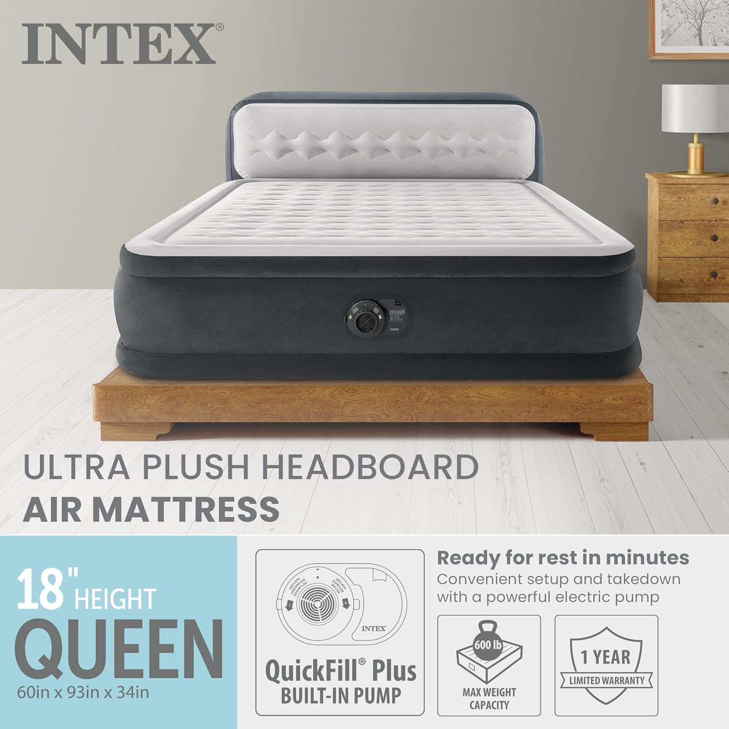 INTEX Dura-Beam 18" Queen Size Air Mattress with Built-in Headboard & Pump