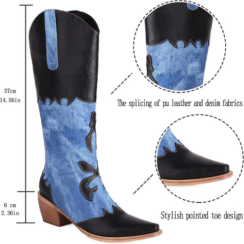 Cozivwaiy Women Denim Cowboy Boots Patchwork Knee High Boots Jean Blue Cowgirl Boot Western Mid Calf Jeans Shoes Pointed Toe Chunky Heel Pull On