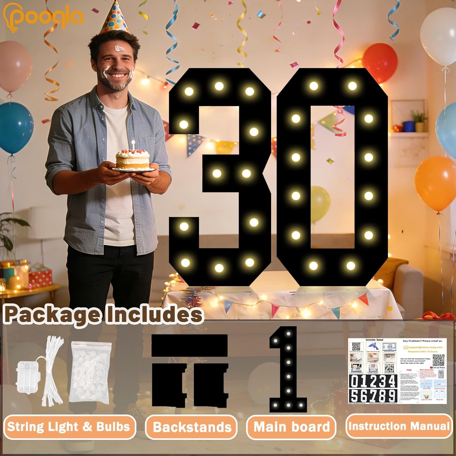 Pooqla 1st Birthday Decorations for Boys, 2.4FT Light Up Numbers