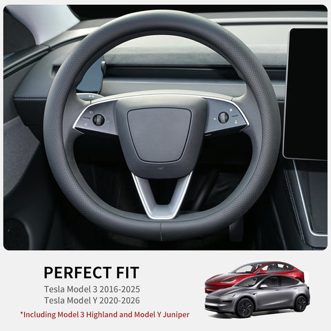 Uxcer Nappa Leather Steering Wheel Cover Compatible with Tesla Model 3/Y 2016-2025 2026 Juniper/Highland, Non-Slip Breathable Model 3/Y Steering Wheel Protector, Black