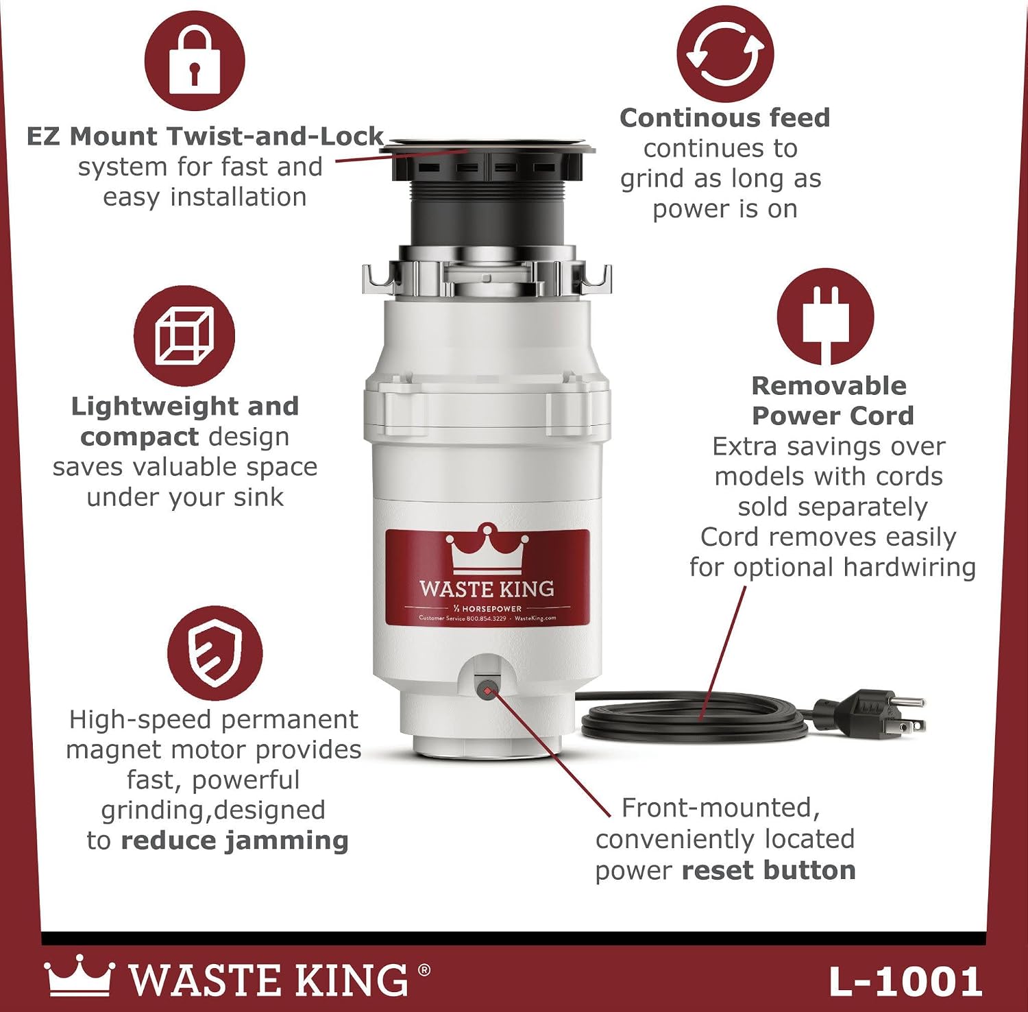Moen L-1001 Waste King 1/2 HP Garbage Disposal with Power Cord