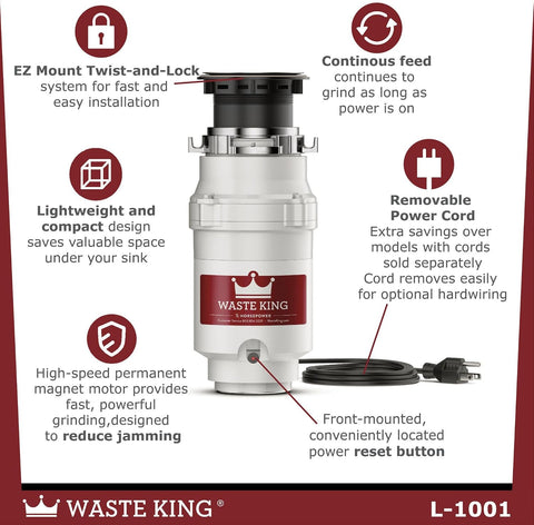 Moen L-1001 Waste King 1/2 HP Garbage Disposal with Power Cord