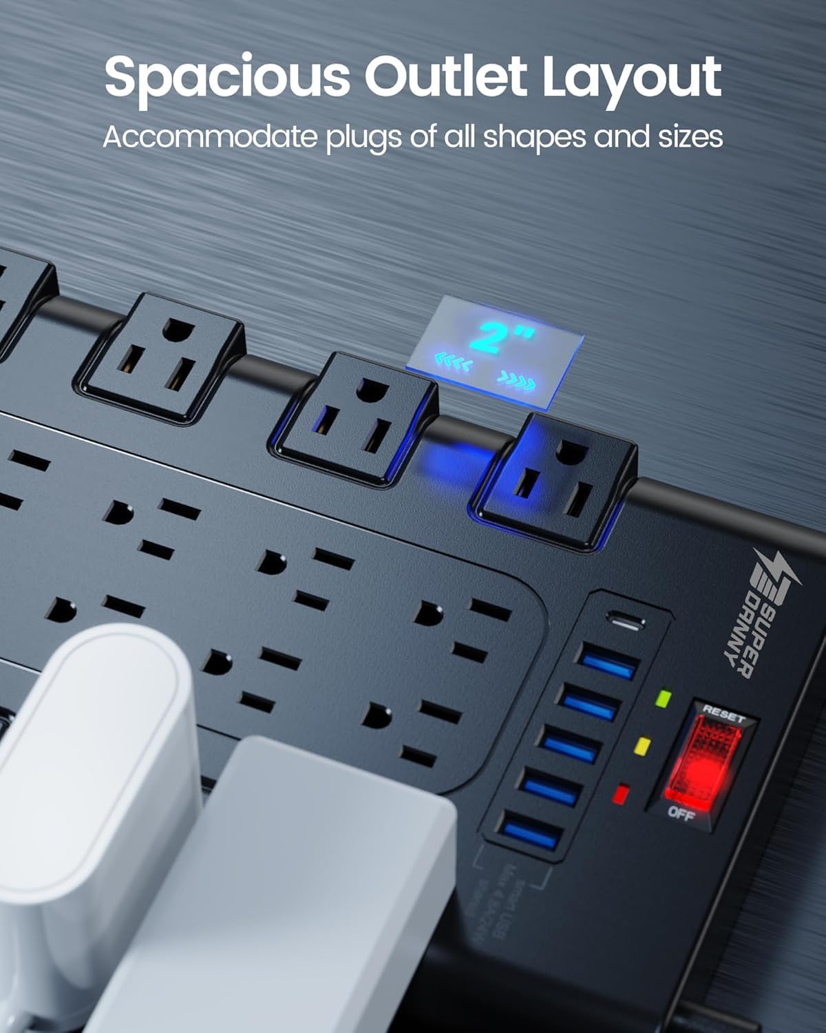 SUPERDANNY Power Strip Surge Protector, 22 AC 6 USB, 2100J, 8Ft, 1875W/15A