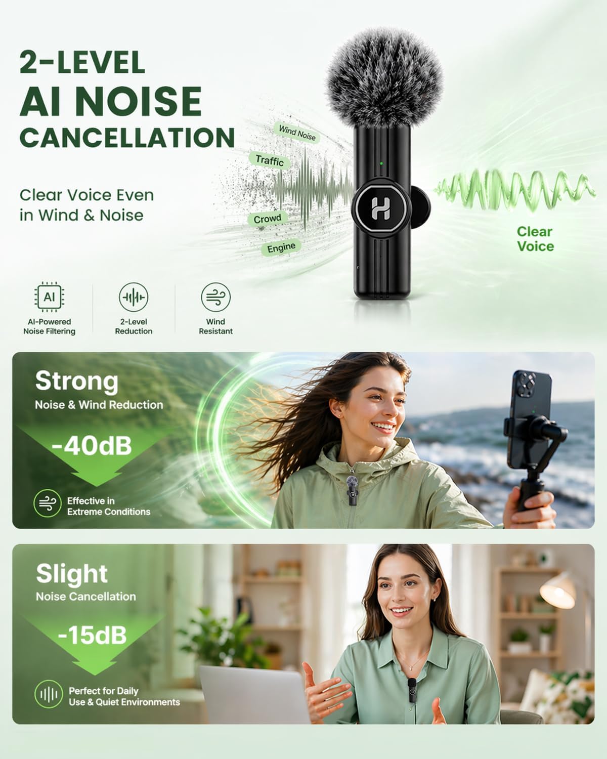 Wireless Lavalier Microphone, Mini Clip-On Mic with Noise Reduction