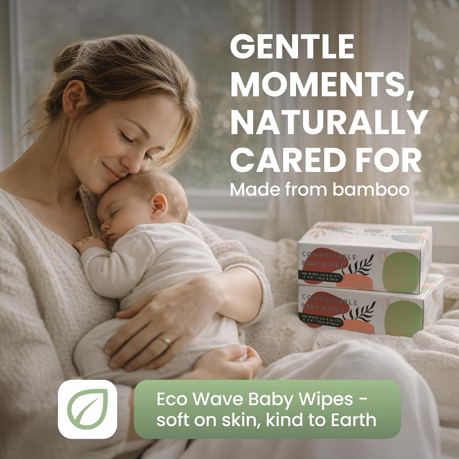 Eco Wave Bamboo Baby Wipes, Unscented, Sensitive Skin, Compostable