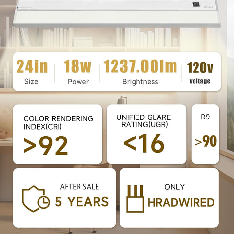 Ansen Hardwired Under Cabinet Lighting, 24in 18W LED Light for Kitchen/Closet, 1237lm, CRI>92, R9>90, 5 Color Temperature, Dimmable, 2700K-5000K(Warm White, Cool White, Daylight)