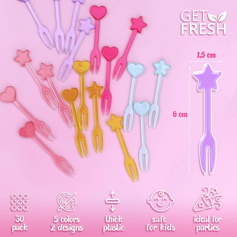 GET FRESH 30 Forks for Kids - Fruit Picks, Bento Box Picks, Reusable Mini Toothpick Sticks, Heart Dessert Forks for Children Party and Lunch Box