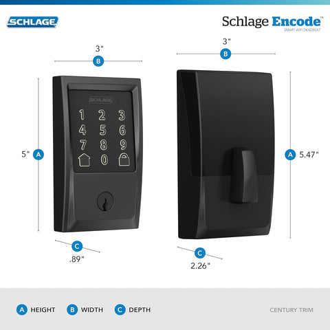 Schlage Encode Smart WiFi Deadbolt Lock with Century Trim, Matte Black