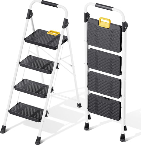 KINGRACK 4 Step Ladder, Folding Step Ladders for Home, 800lb Capacity,White