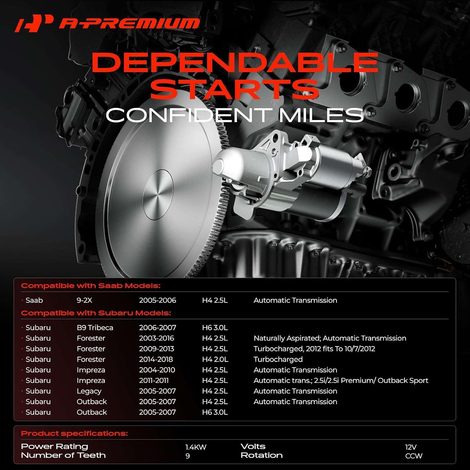 A-Premium Starter Motor, 12V 1.4KW 9 Teeth Counterclockwise