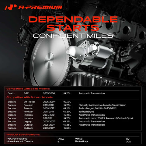 A-Premium Starter Motor, 12V 1.4KW 9 Teeth Counterclockwise