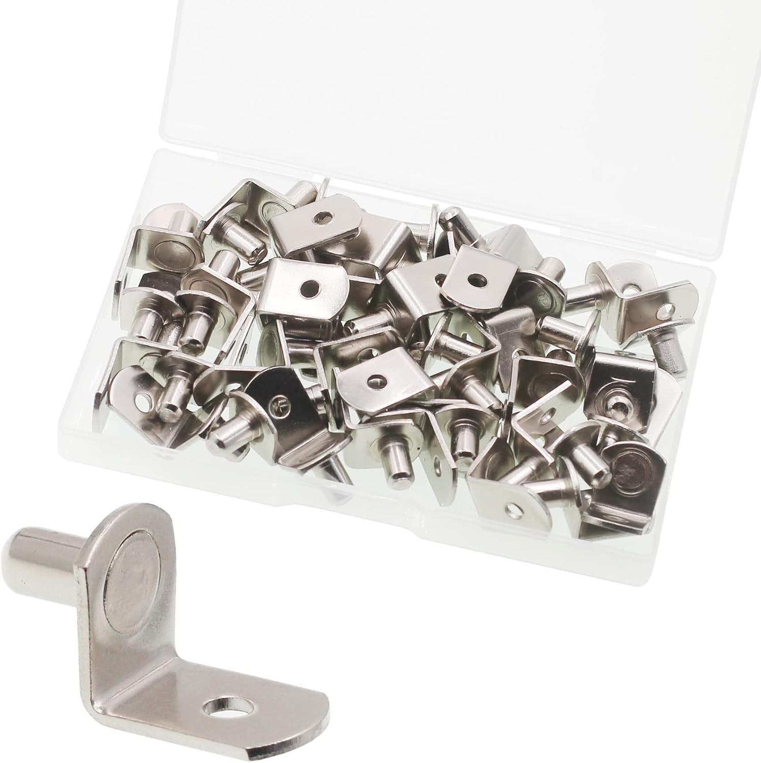 Shelf Support Pegs, 50 Pcs Shelf Pegs with Hole, 5mm (1/5 inch) Cabinet Shelf Bracket Pegs, L-Shaped Nickel Plated Shelf Pins Holders for Bookcase Kitchen Closet Shelf Shelves Furniture Cabinet