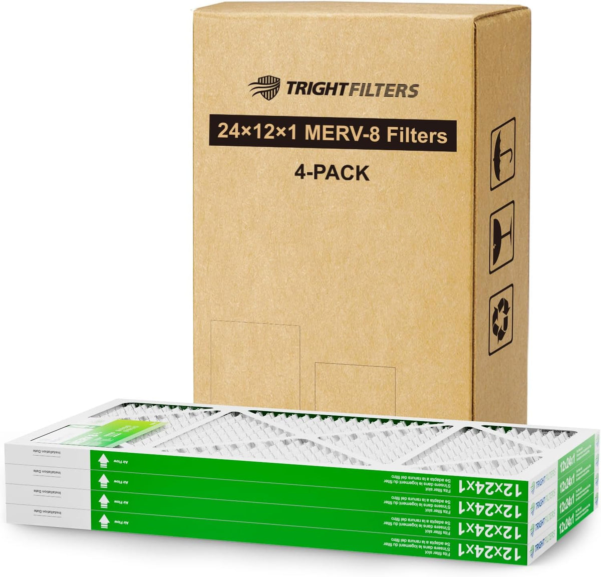 TRIGHTFILTERS 12x24x1 Air Filter 4 Pack, MERV 8 Pleated Dust Defense Air Filters Replacement Air Conditioner HVAC AC Furnace Filter, Durable and Lightweight