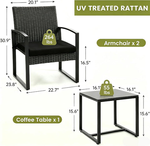 Murago Outdoor 3-Piece Wicker Bistro Set, Patio Conversation Set