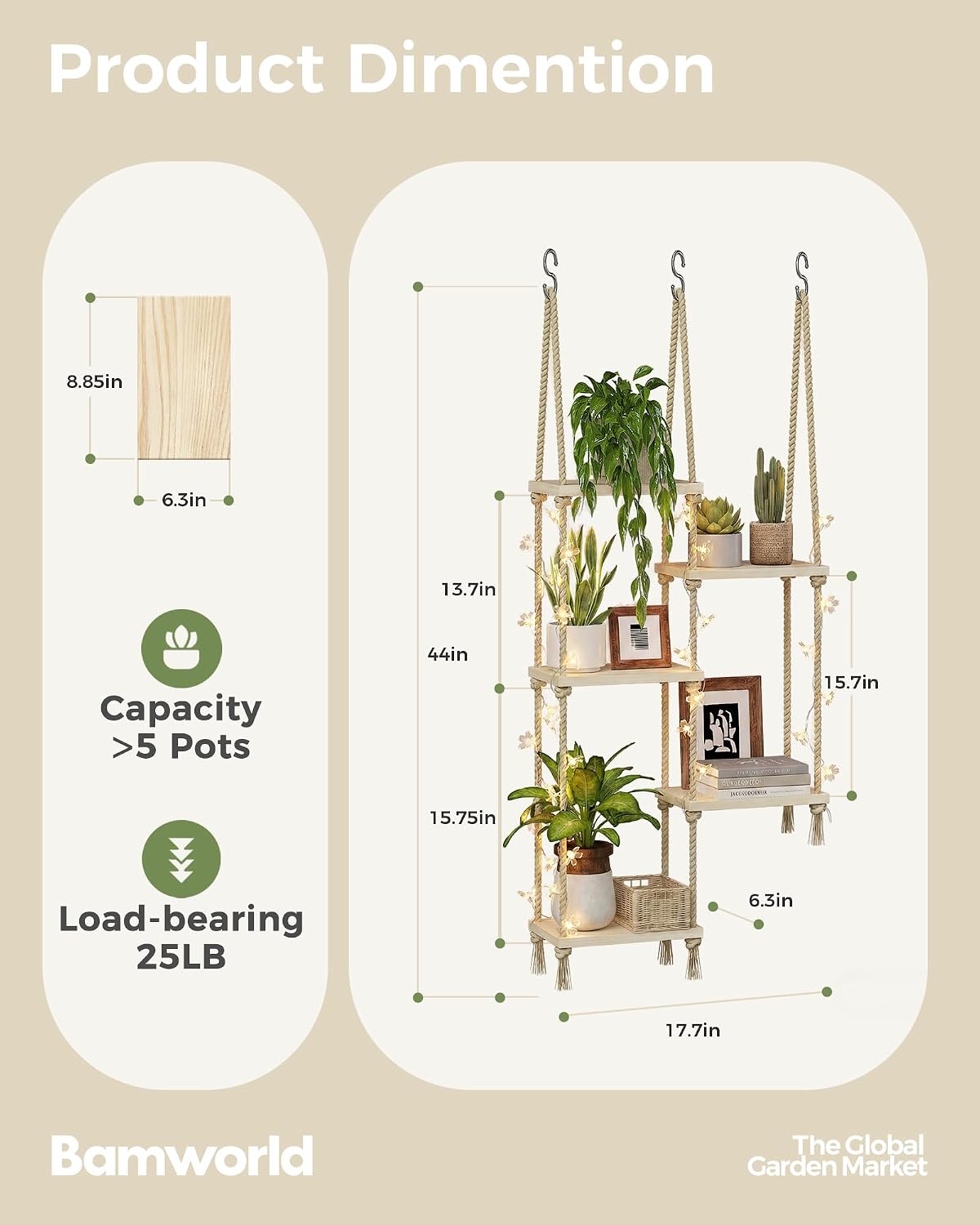 Bamworld Hanging Shelves with Grow Light Plant Hanger Indoor Window Plant