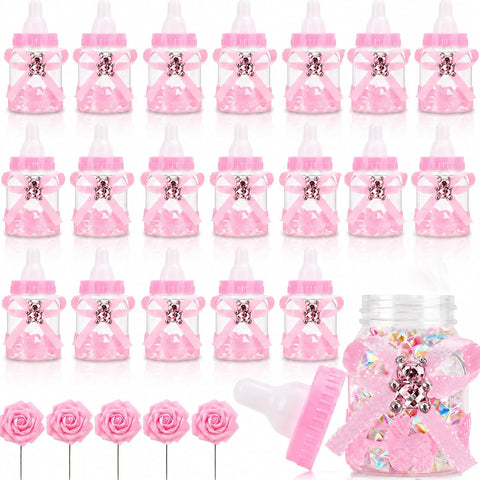 24Pcs Baby Bottle Candy Boxes 3.5" +5 Artificial Roses Baby Shower Favors