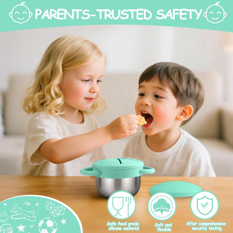Mity rain Stainless Steel Snack Containers for Toddlers with Spill-Proof Silicone Lids Handles - 3-in-1 Baby Snack Cups, No-Spill Toddler Snack Box (Green, One piece set)