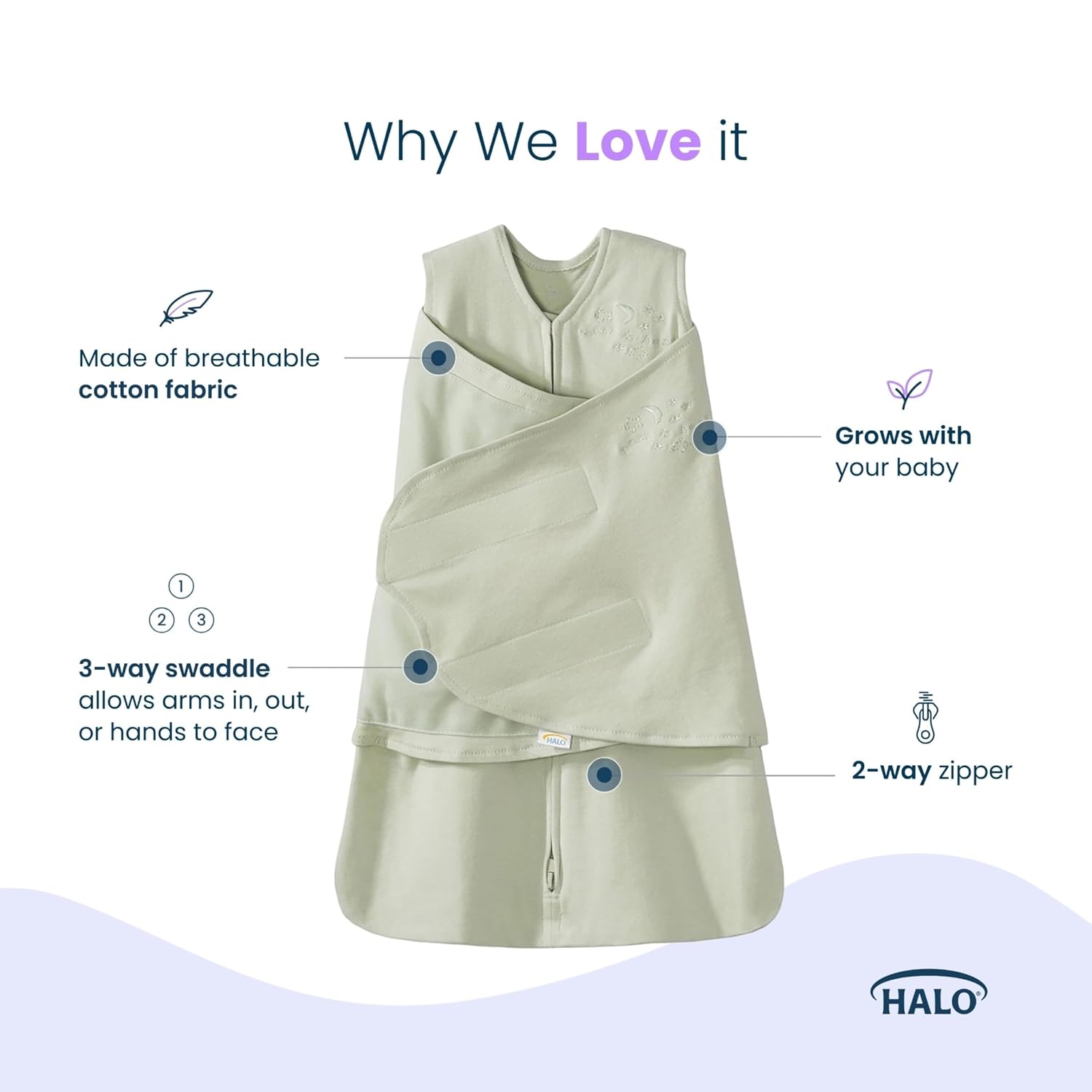 HALO SleepSack Swaddle | Cotton | 1.5 TOG | 68-75°F | 6-12 lbs |Sage