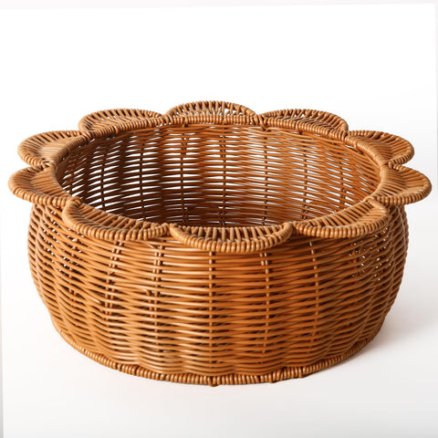 Scalloped basket,Scalloped Edge Round Serving Tray,Round Wicker Basket with handles,Hand Woven Imitation Rattan Basket,round woven tray for Coffee Table,Bathroom,Bedroom Organizing (A)