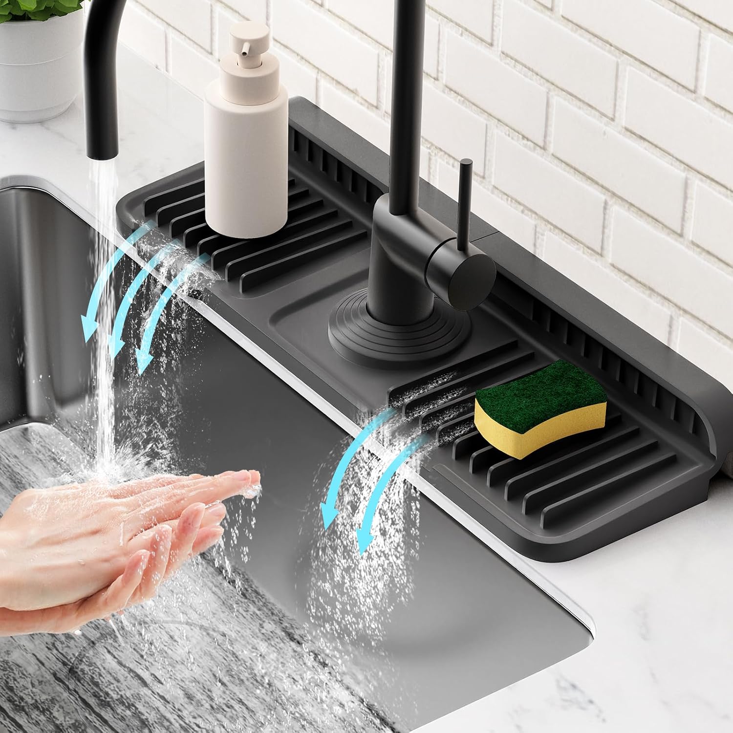 14.6 inch Faucet Mat for Kitchen Sink Splash Guard[7° Slope Fast Self-draining][Snap Lock Fit]Kitchen Sink Faucet Mat Splash Guard Kitchen Sink Area Water Splash Guard Behind Faucet Draining Mat