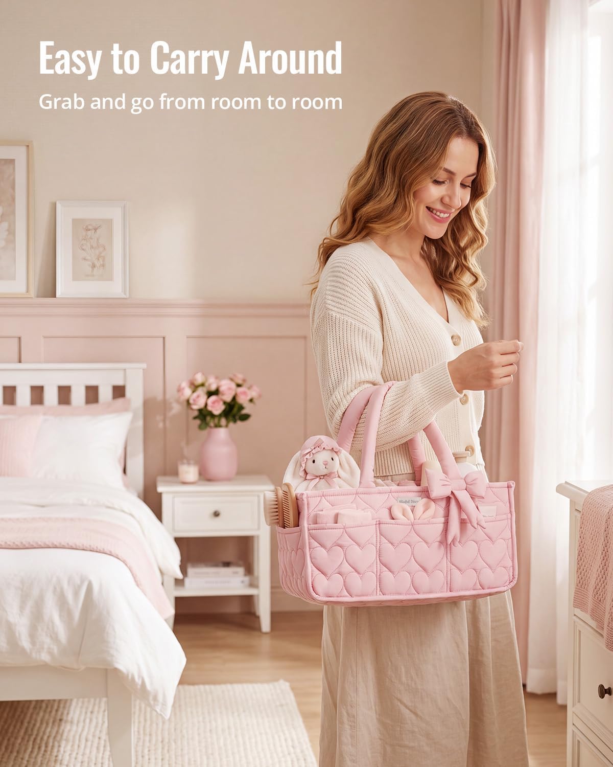 Blissful Diary Baby Diaper Caddy Organizer, Heart-Quilted, Light Pink
