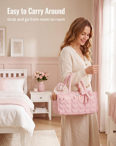 Blissful Diary Baby Diaper Caddy Organizer, Heart-Quilted, Light Pink