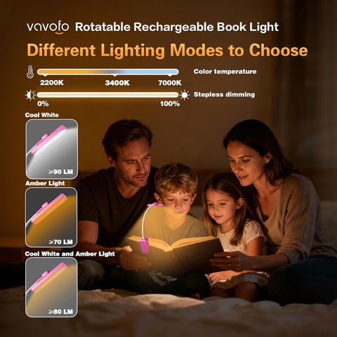 VAVOFO 24 LEDs Rotatable Book Light, Rechargeable Clip Reading Lamp, Rose