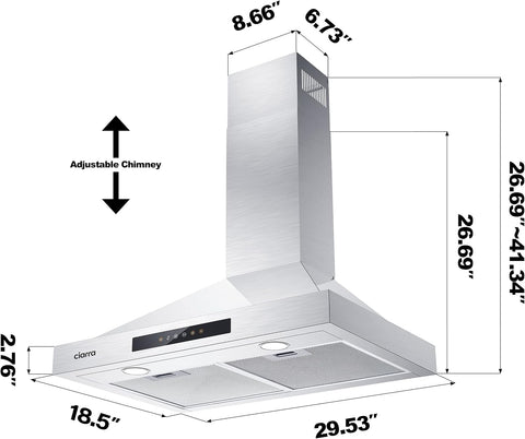 CIARRA Wall Mount Range Hood 30 inch 450 CFM Ducted Convertible Ductless Range Hood Vent in Stainless Steel CAS75308