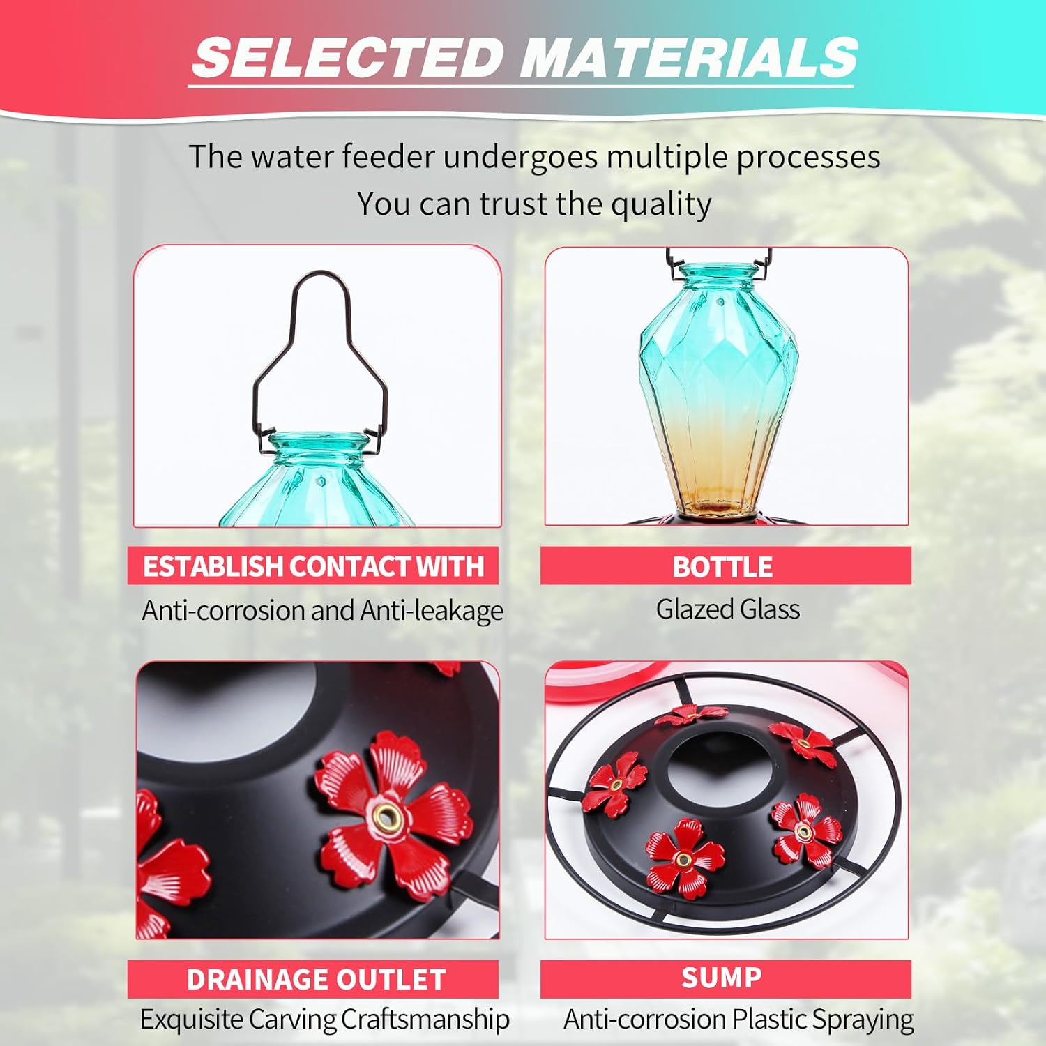 2 Pack Glass Hummingbird Feeder for Outdoors Hanging, 25Oz Humming Bird Nectar Feeder, Perch, 5 Flower Feeding Ports, Leak Proof Base, Hook for Outside Garden Backyard, Diamond Green