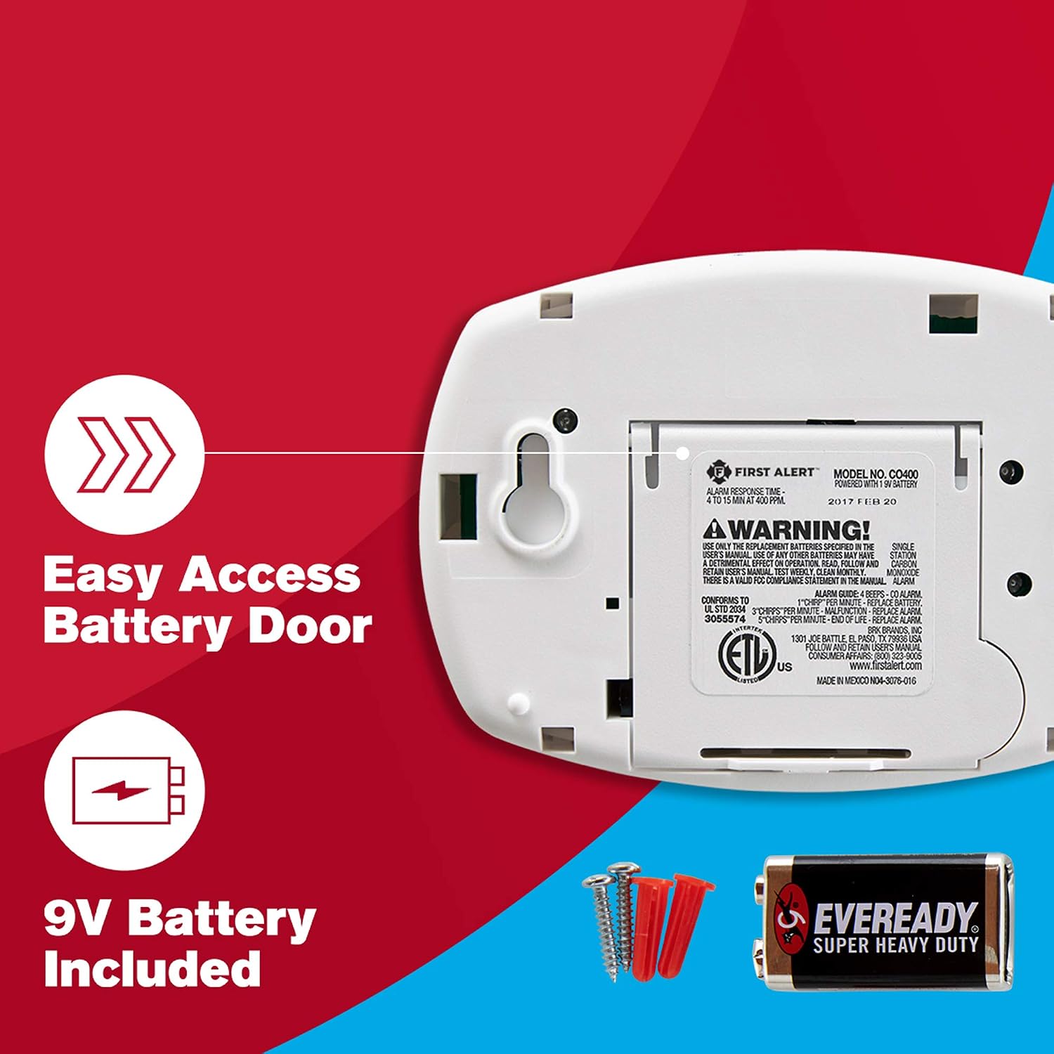 First Alert CO400 Carbon Monoxide (CO) Detector, Battery Operated Alarm, 2-Pack