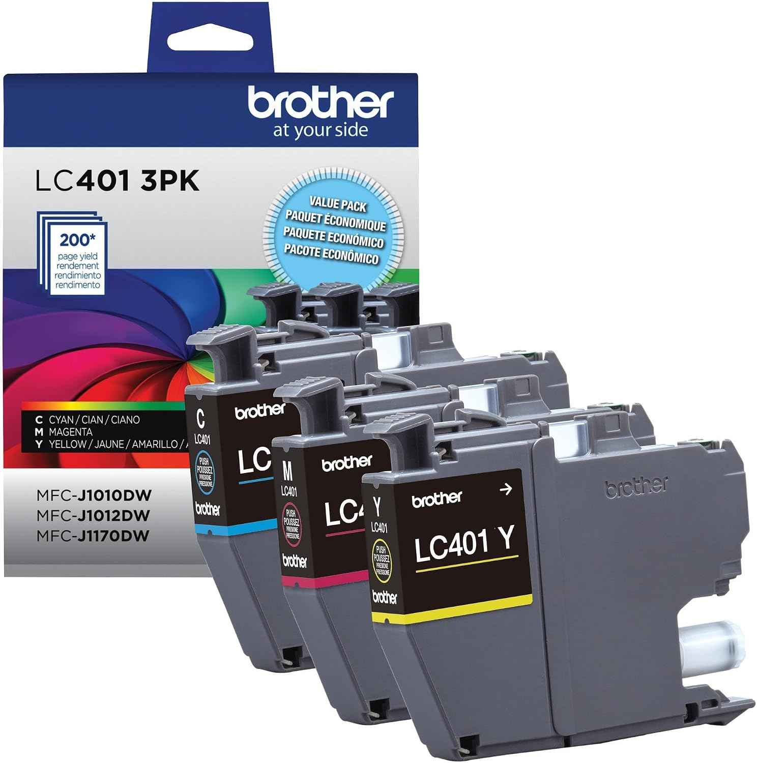 Brother Genuine LC401 Standard Yield 3-Pack Ink Cartridges â€“ Includes 1 Cartridge Each of Cyan, Magenta and Yellow , 3 Count (Pack of 1)