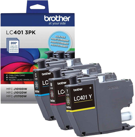 Brother Genuine LC401 Standard Yield 3-Pack Ink Cartridges â€“ Includes 1 Cartridge Each of Cyan, Magenta and Yellow , 3 Count (Pack of 1)