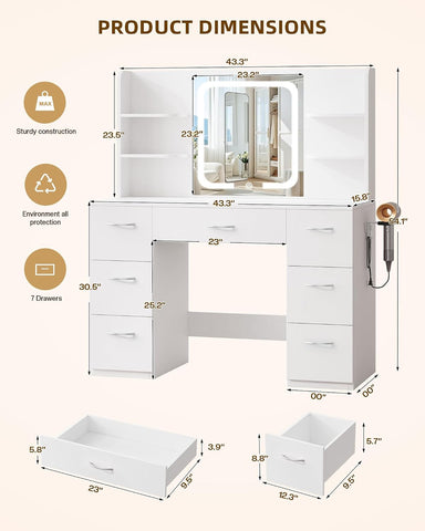 LIVELYGLOW 43" Large White Makeup Vanity Desk with Charging Station