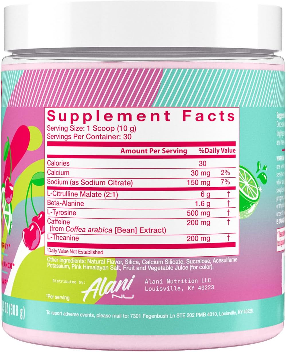 Alani Nu Pre Workout Powder Cherry Twist, Amino Energy Boost, Endurance Supplement, Sugar Free, 200mg Caffeine, L-Theanine, Beta-Alanine, L-Citrulline, 30 Servings