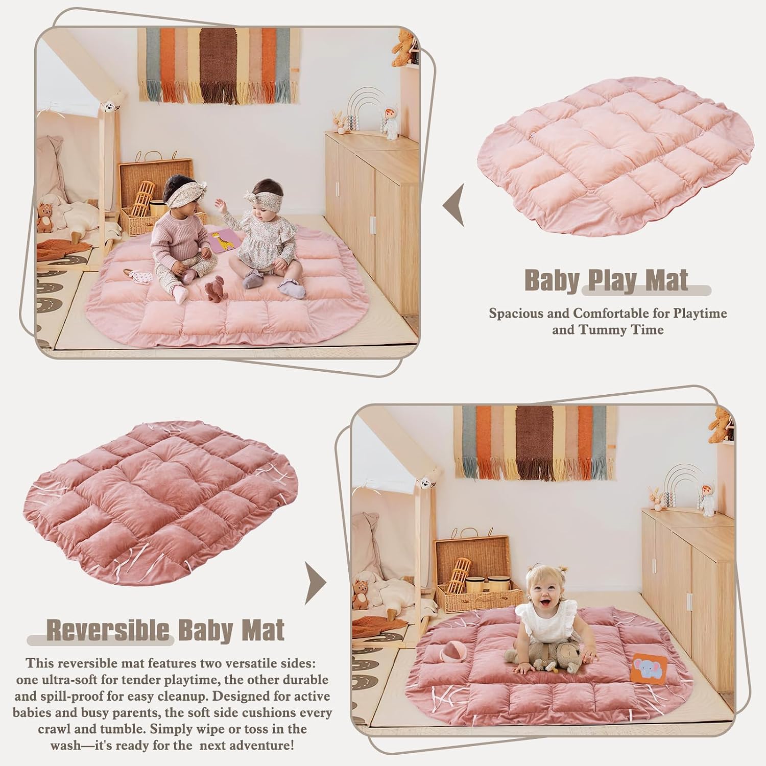 5-in-1 Plush Baby Play Gym, Baby Play Mats, Convertible Baby Gym, Tummy time mat, 6 Sensory Toys, Activity Center, Ball Pit, Pink